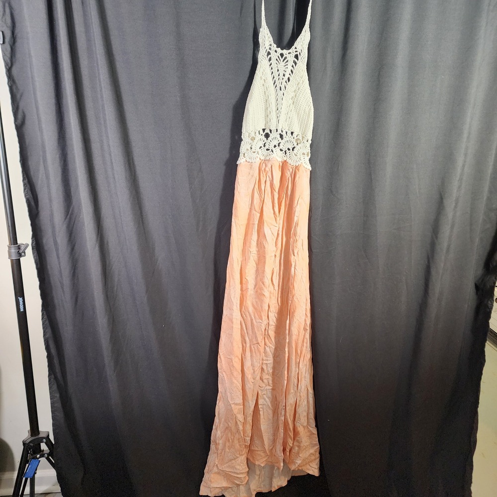 Hippie Women‎ Peach White Paisley Crochet Halter Open Back Maxi Dress Small Boho